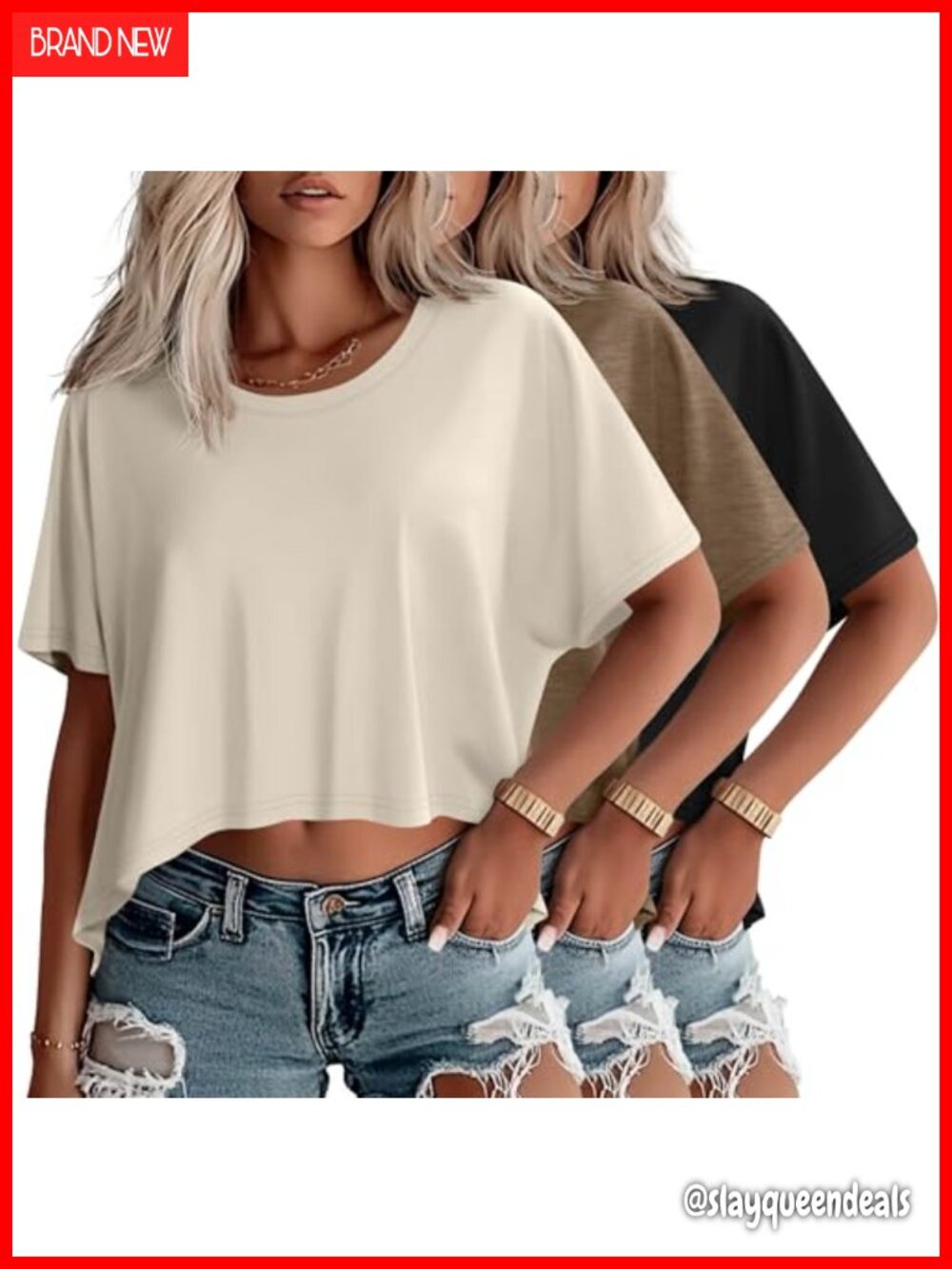 Oversized Cropped T Shirts 3 Pack Crew Neck Wing Sleeve
